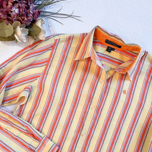 Vintage Lauren Ralph Lauren 100% Linen Yellow Striped Button-Down Size Medium - Picture 7 of 13